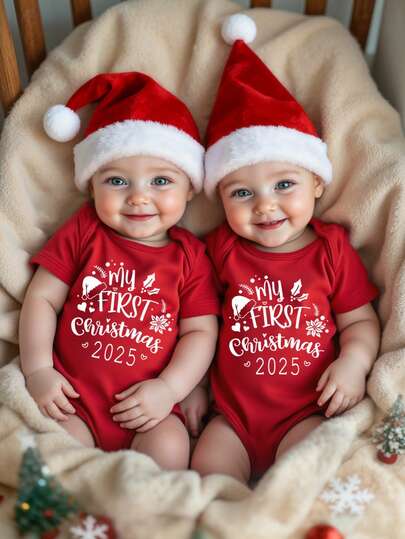 SHEIN Playful Pals Merry Christmas Baby Boy Casual Fashion Minimalist Creative Christmas Atmosphere Decorative Playful Numeric & Letter Graphic Print Romper, Happy New Year