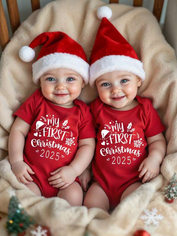 SHEIN Playful Pals Tuta da neonato maschio casual e alla moda, con stampa grafica minimalista e creativa in atmosfera natalizia, con numeri e lettere giocose, Buon Natale e Felice Anno Nuovo