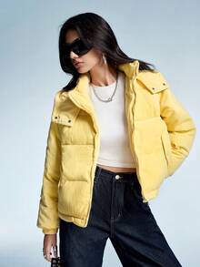 Aveloria GENKIRA 全新时尚简约设计纯色休闲女式连帽棉服外套 - 黃色 - 查看 3