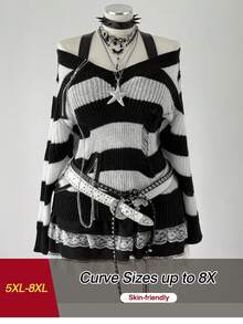 SHEIN CURVE+ 大码女式露肩条纹套头毛衣