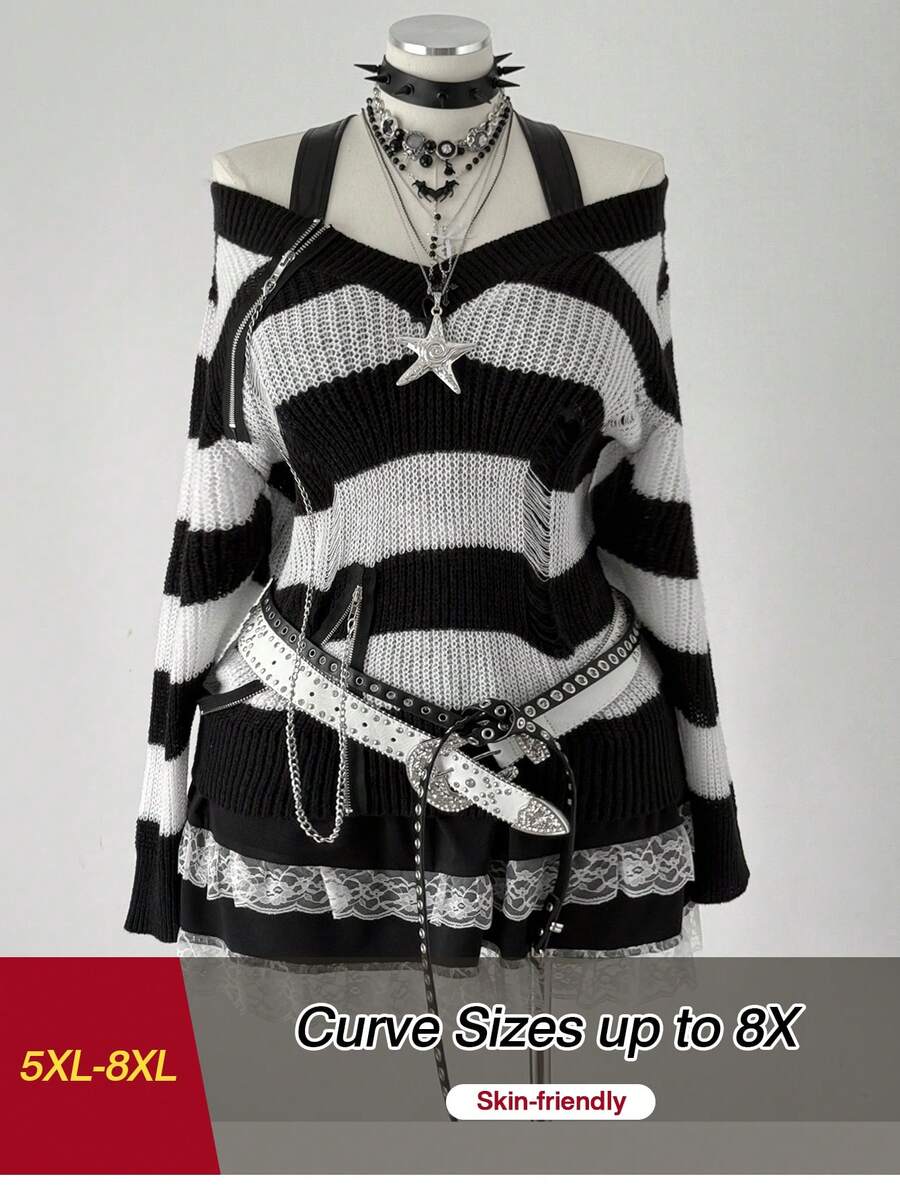 SHEIN CURVE+ 大码女式露肩条纹套头毛衣