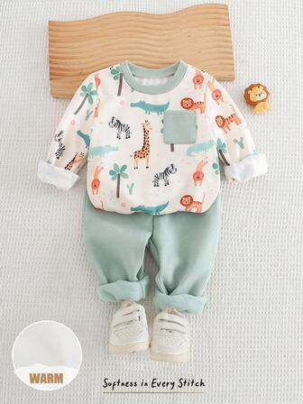 Cozy Pixies 2pcs Baby Boy Cartoon Animal Print Soft Knit Crew Neck Long Sleeve Sweatshirt And Elastic Waist Pants Set Baby Set Autumn Winter Season Baby Boys Cotton Clothes 2pcs Newborn Baby Boy Car Print Romper With Long Sleeve Long Pants Baby Casual Sets