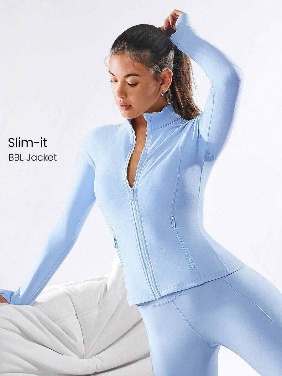 GLOWMODE FeatherFit™ Slim-It Streamline Performance Secure Pockets Zip Up Long Sleeve Jacket Low Impact Yoga Daily Valentine's Day - Baby Blue - View 1