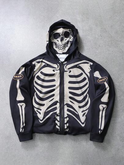 Sudadera con cremallera para hombres, con estampado de calavera y esqueleto, diseño gráfico oscuro con un fuerte impacto visual, que se adapta al estilo europeo y americano con elementos personalizados y con un toque de audacia. El diseño de la sudadera con cremallera es casual pero versátil, con un material de tela suave y cómodo. Combina bien con pantalones cargo para un look oscuro y hardcore o con pantalones casuales para un estilo urbano.