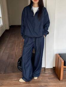 DAZY 女士休闲牛仔拉链夹克和阔腿牛仔裤套装，秋季