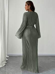 Maweii 加大码纯色圆领长袖系腰简约休闲连衣裙长款女装 - 深灰色 - 查看 6