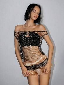 Jeanoix Top de fiesta con red de diamantes de imitación para mujeres, material brillante con diamantes de imitación, adecuado para festivales de música y carnavales - Negro - Ver 1