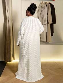 Maweii Áo len cardigan dài thiết kế túi màu trơn cỡ lớn cho nữ - Màu be - Xem 3