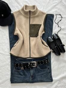 Elamini Women's Casual Faux Shearling Minimalist Stand Collar Lightweight Jacket Coat, Autumn/Winter - Khaki - View 5