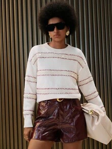 SHEIN ChicEase Women's Casual Fashionable Young Minimalist Versatile Commuting Loose Crew Neck Colorblock Christmas Sweater, Autumn/Winter - Apricot - View 2