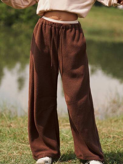 Medorelle Women's Brown Fleece Elastic Waist Adjustable Hem Straight Leg Pants, Autumn/Winter