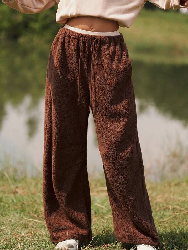 WanderVale Women's Brown Fleece Elastic Waist Adjustable Hem Straight Leg Pants, Autumn/Winter