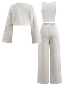 SHEIN Tween Girls 3pcs Solid Color Casual Sweatshirts Cami Sweatpants Set, Casual Daily Wear, Back To School, Mommy And Me Outfits - Grey - View 4