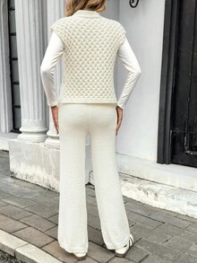 Chiquease 2 Stücke Damen elegantes V-Ausschnitt einfarbiges gestricktes Sweater-Top und Hosen Set - Aprikosenfarben - Übersicht 2