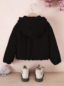 SHEIN Elladie kids 少女休闲毛绒夹克，粉色，前拉链，心形图案，秋冬连帽开衫 - 黑色 - 查看 2