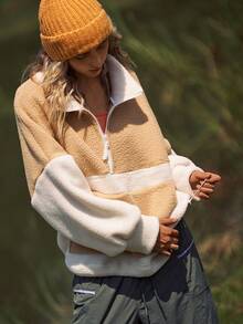 Medorelle Women's Winter Stand Collar Half-Zip Contrast Color Patchwork Sherpa Fleece Loose Drawstring Sweatshirt - Apricot - View 6