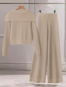 Franclia Bộ 2 áo len dệt kim trơn màu thường ngày cho nữ - Áo khoác cardigan cài nút cổ bẻ và quần dệt kim có túi nơ phía trước - Màu Khaki - Xem 2