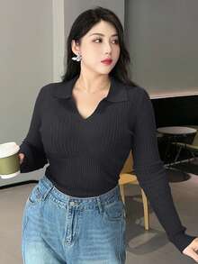 Dazy Plus Solid Color V-Neck Elastic Fitted Long Sleeve Burgundy Pullover Sweater - Brown - View 5