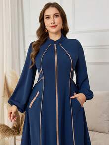 Al Najma Große Größen Elegantes, vielseitiges Alltagskleid für Damen mit Mandarin-Kragen, Langarm, figurbetonter Passform, Kontrastbesatz und schräger Tasche