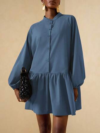 Vesra 女士休闲日常通勤简约纯色立领灯笼袖荷叶边下摆宽松短款连衣裙，春秋