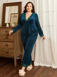 Côtesoire 大码成熟优雅天鹅绒蕾丝V领长袖上衣和裤子睡衣套装，冬季服装 - 墨綠色 - 查看 4