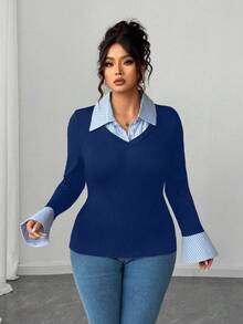 Elenzga Chemise rayée grande taille, T-shirt à manches longues