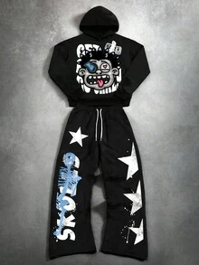 Manfinity EMRG 2pcs Men Casual Street Graphic Portrait & Letter Print Hoodie & Sweatpants Set, Fall Outfit Cozy Fall & Winter Styles Winter Clothes Fall Outfits Christmas Outfit Christmas Gifts Christmas Clothes Hoodies For Men