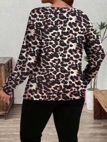 SHEIN Clasi Plus Size Women Elegant Minimalist Leopard Print Drape Neck T-Shirt, Ladies Casual Outerwear, Autumn - Multicolor - View 2