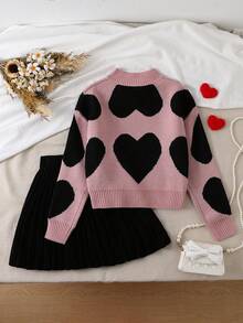 SHEIN Genkimix Kids 2件套女童秋冬针织短款上衣和百褶裙套装，圣诞红黑色块，心形图案，时尚新设计。独特的针织工艺展现都市魅力，展现年轻女士的偶像风格和学院风。 - 彩色 - 查看 2