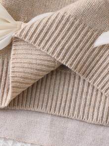 SHEIN Playful Pals Baby Girls Sweater Co-Ords, Champagne Color, Handmade 3D Bow Decor Round Neck Pullover Sweater And Wide Leg Pants Knit Set, Soft And Comfortable, Suitable For Daily, Outdoor, Travel, Vacation, Home, Daycare And Baby Girl Play Wear, Autumn/Winter Bow Baby Clothes Baby Girl Sweaters Set Beige Baby Girl Clothes Elegant Tops For Baby Girl Knit Two Pieces - Apricot - View 11