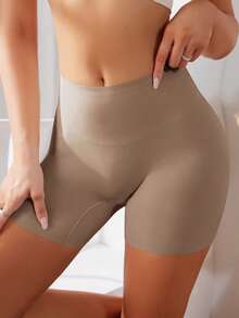 SHEIN 1 pezzo Pantaloni modellanti casual da donna a vita alta, elastici, di colore unito, versatili e con controllo addominale - Caffè Marrone - Visualizzare 4