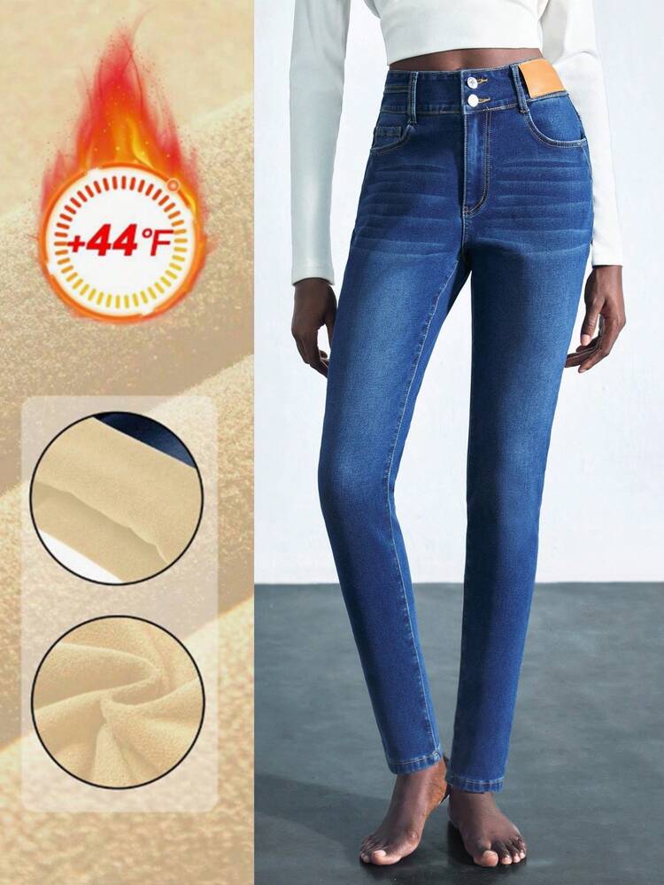 SHEIN Maija Women's Casual Slim Fit Thermal Lined Jeans Women's Blue Velvet Jeans High Waist Slimming Leggings Comfortable High Elastic Denim Warm Pants Winter Casual Wear