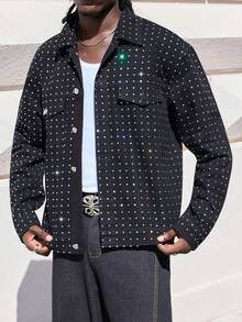 ROMWE MEN Street Life Men's Fashion Rhinestone Embellished Black Denim Jacket, Fall - Black - View 3