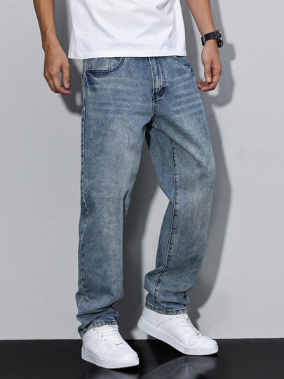 Manfinity Homme Jeans casuales para hombres con lavado a piedra y corte entallado