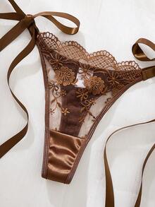 SHEIN 2件套女士勃艮第浪漫刺绣系带丁字裤内衣套装 - 咖啡棕 - 查看 3