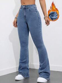 SHEIN ICON Women's Blue Casual Fleeced Warm Fashion Versatile Flare Jeans - Medium Wash - View 6
