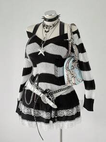 SHEIN CURVE+ 大码女式露肩条纹套头毛衣