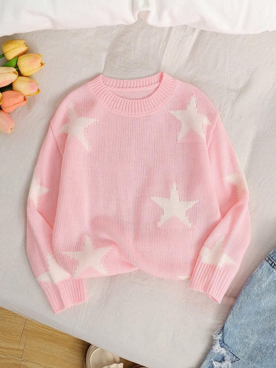 年轻女孩宽松圆领星星图案休闲毛衣秋冬女孩衣服 - 淺粉色 - 查看 1