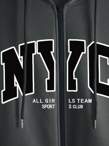 SHEIN 女士连帽拉链卫衣，字母图案，休闲外套，适合教师、返校、毕业、日常穿着、冬季外套，时尚百搭，女士连帽长袖卫衣