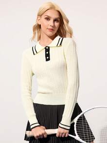 CourtClass Women's Striped Regular Fit Long Sleeve Polo Neck Sweater - White - View 4
