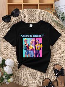 Girls' Cartoon Character Print Crew Neck Basic Short Sleeve T-Shirt - Black - View 3