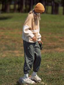 Medorelle Women's Winter Stand Collar Half-Zip Contrast Color Patchwork Sherpa Fleece Loose Drawstring Sweatshirt - Apricot - View 4