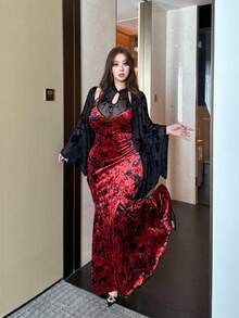 Flirla Christmas 2pcs Set: Elegant Chinese Style High-Neck Cutout Shoulder Dress & Flocked Mesh Cardigan With Batwing Sleeves, Bodycon Lace Dress, Spring/Fall - Multicolor - View 4