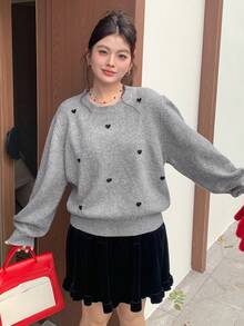 Dazy Plus 大码女式心形提花休闲套头衫，秋冬