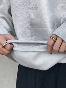 FRIFUL Women's Solid Color Round Neck Drop Shoulder Long Sleeve Silver Printed Loose Casual Fleece Sweatshirt, Autumn/Winter - White - View 4
