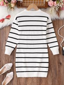 Tween 女童长袖黑白条纹毛衣裙，适合春秋冬三季，可搭配羽绒服、外套、棉服 - 黑與白 - 查看 3