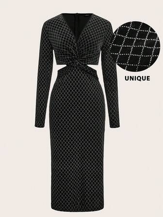 Maija Vestido de manga larga con cuello en V de terciopelo negro, diseño a cuadros, cintura retorcida y recortes, adecuado para Navidad, fiestas y reuniones