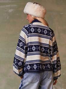 Athîral 女士休闲毛绒印花常规外套圣诞节圣诞夹克圣诞图案蓝色图案秋冬装 - 藍白色 - 查看 3