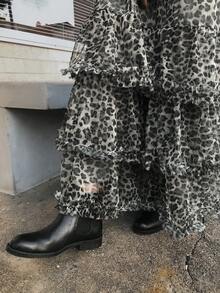 FRIFUL Falda casual y versátil de mujer con cintura elástica, estampado de leopardo marrón, pliegues y volantes, para otoño/invierno - Café integral - Ver 6