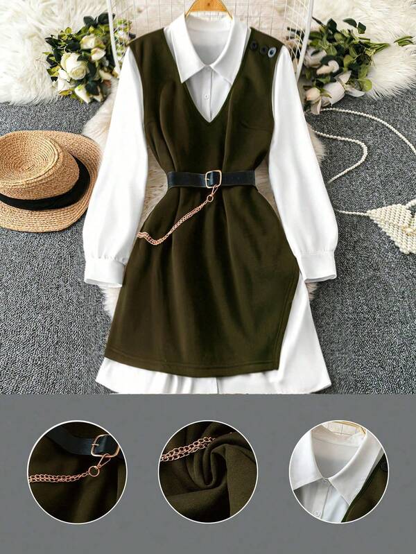 DreamSkyne Plus Size Commuter Casual White Shirt Dress, Knit Vest, Cinched Waist With Metal Chain Decor, Slimming 2-Piece Set